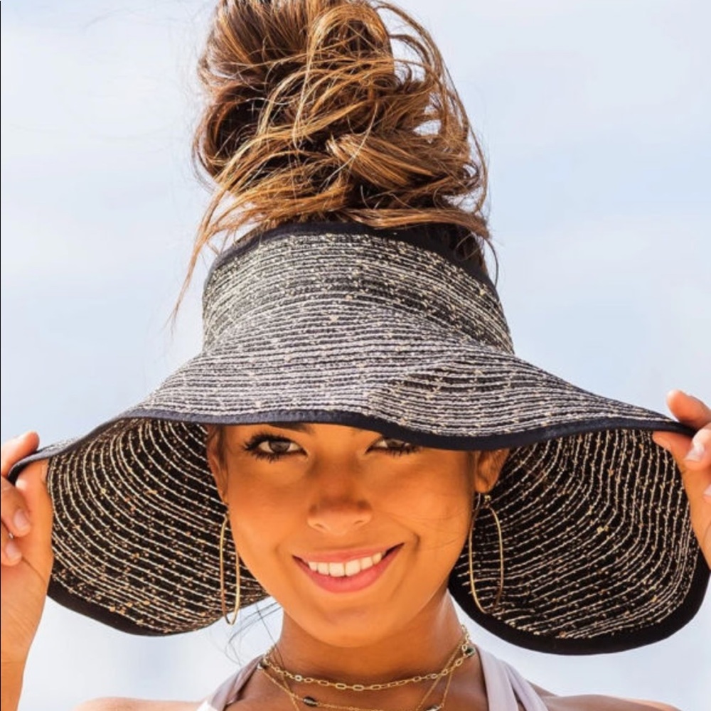 Straw Hat Visor Black Foldable Wide Brim Bow Sun